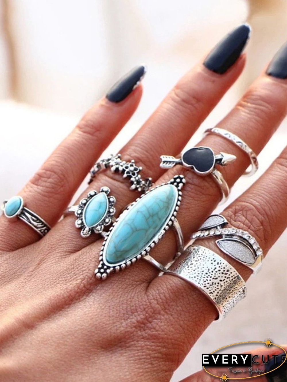8Pcs Ethnic Style Turquoise Heart Ring Set Beach Holiday Jewelry