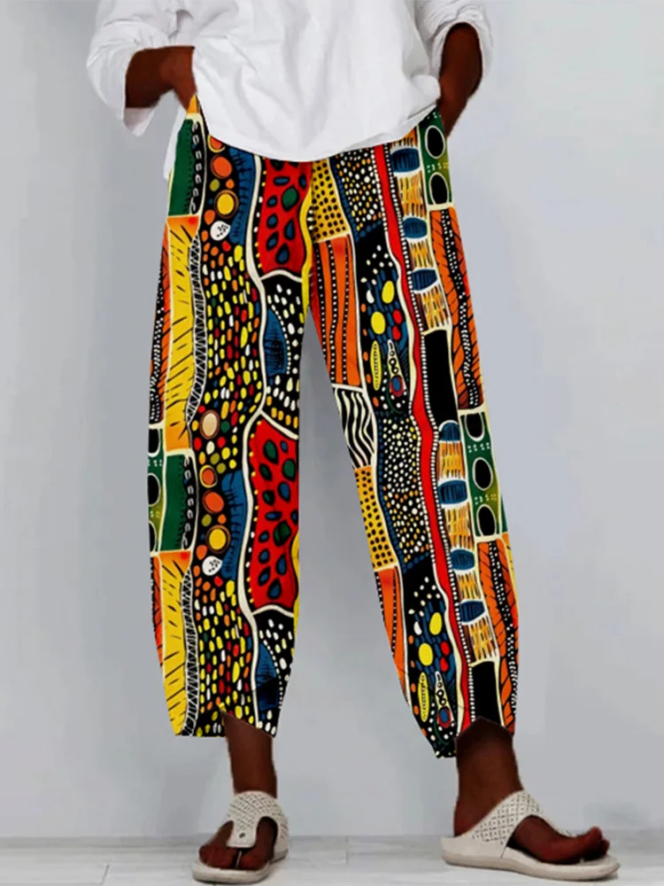 Vintage African Ethnic Graphic Linen Blend Cropped Pants