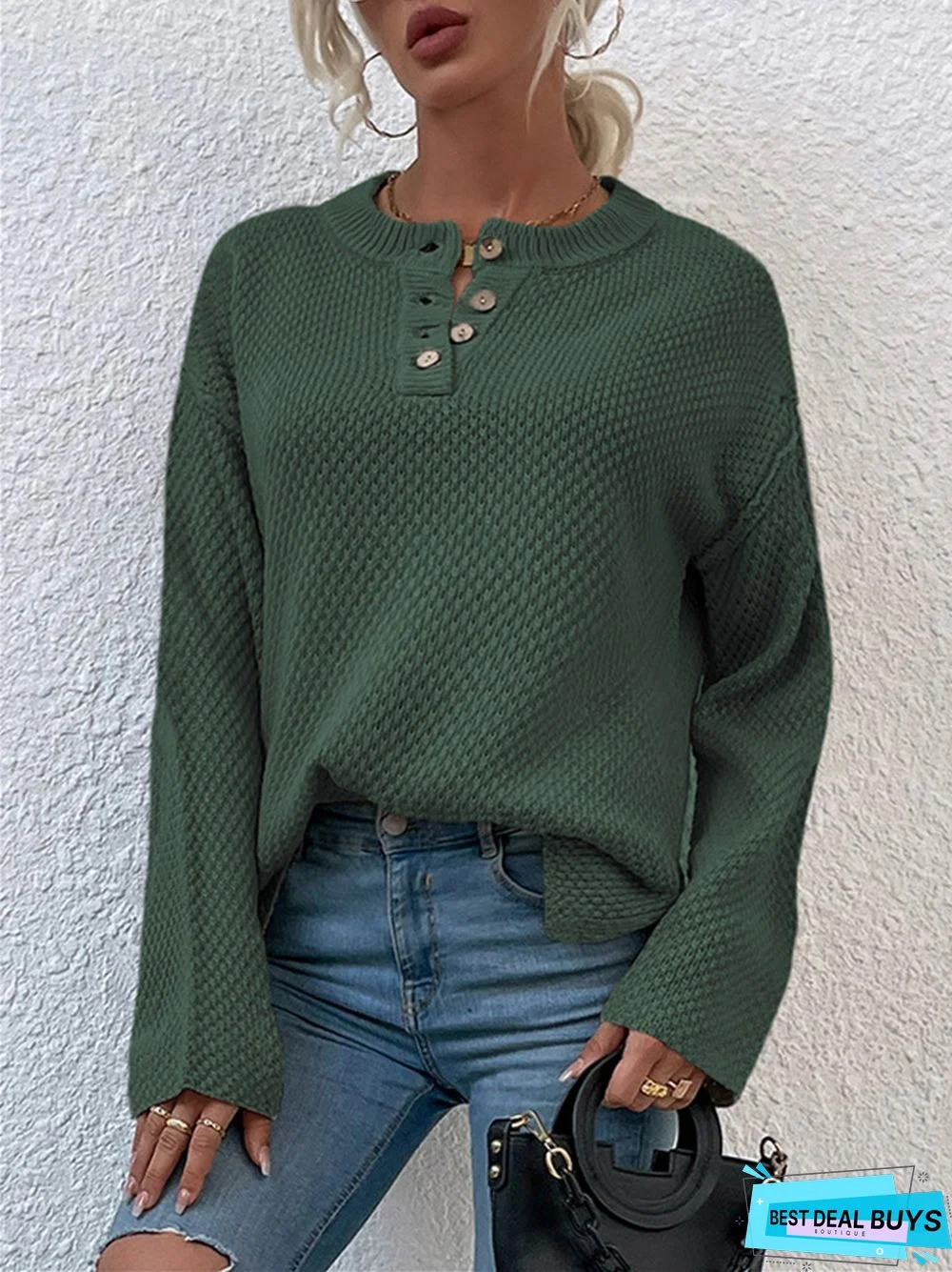 Casual Solid Color Sweater with Round Neck and Buttons