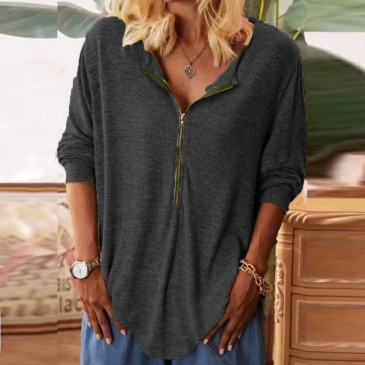 Fashion Zipper Loose V-Neck Casual Sweatshirts