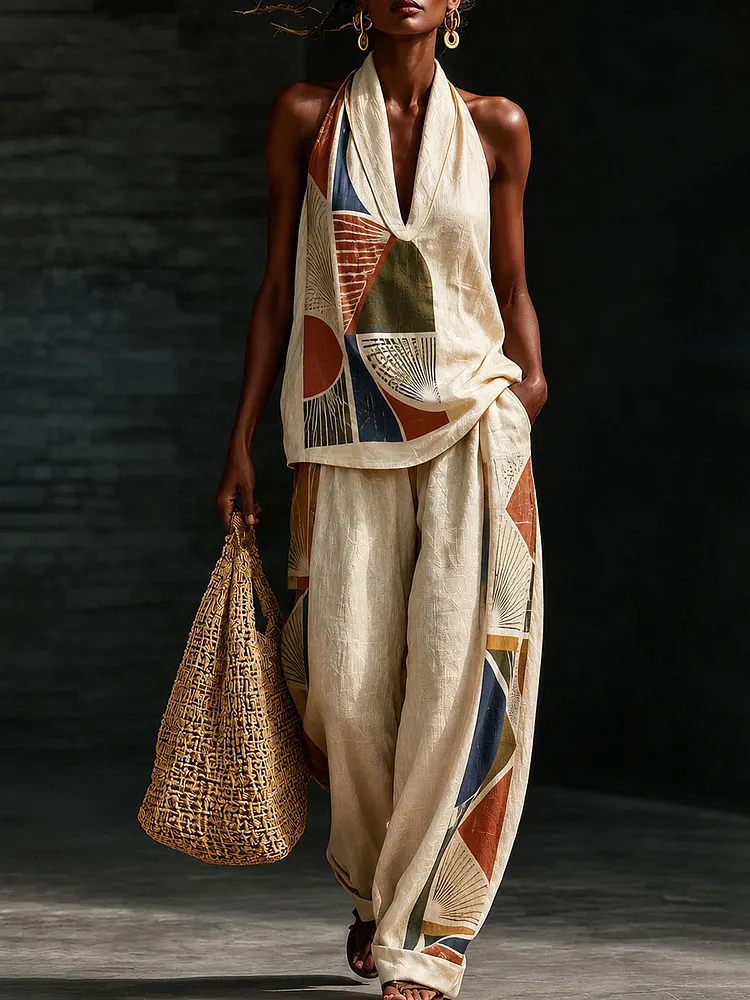 Women&rsquo;s Artistic Geometric Print Halter Wide Leg Pants Set