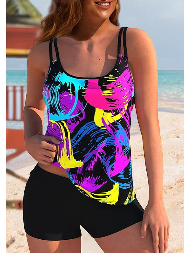Women's Swimwear Tankini 2 Piece Plus Size Swimsuit 2 Piece Graphic Light Blue Yellow Blue Purple Rainbow Tank Top Bathing Suits Sports Summer | IFYHOME