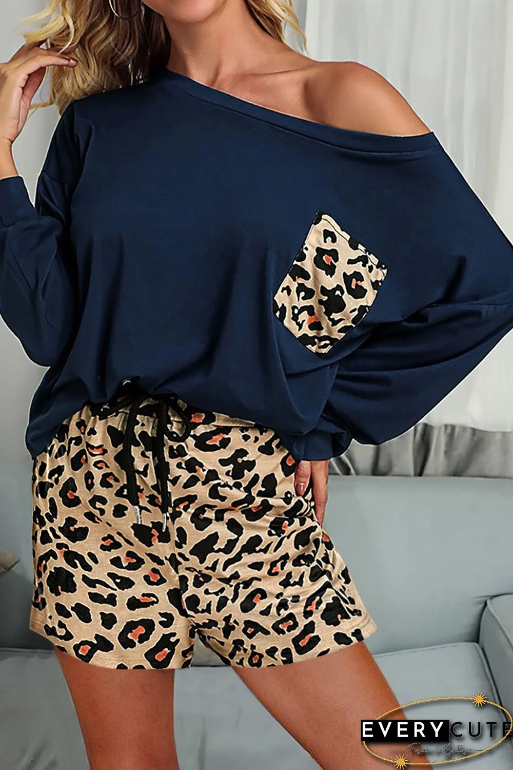 Blue Solid Long Sleeve and Leopard Shorts Loungewear