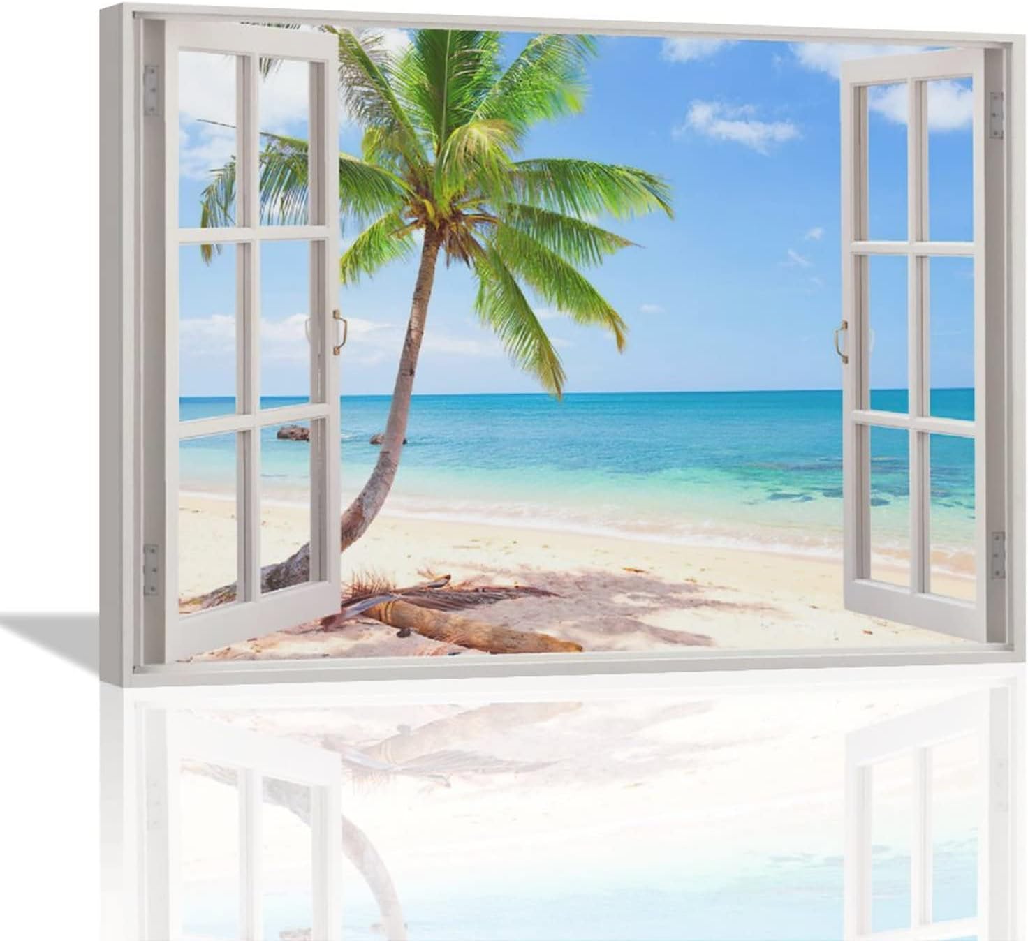 Beach Bathroom Wall Art Beach Coastal Pictures Wall Decor Blue Sea Canvas Painting Print Palm Tree Tropical Ocean Nautical Wall Decor 3D Window View Artworks Framed for Living Room Bedroom 16 inch x12 inch  16 in x 12 in