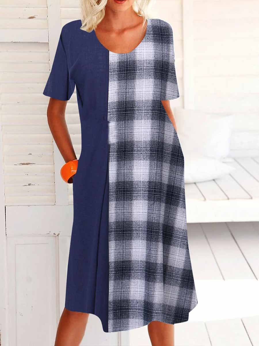 Women Casual Short Sleeve Scoop Neck Plaid Colorblock Midi Dress