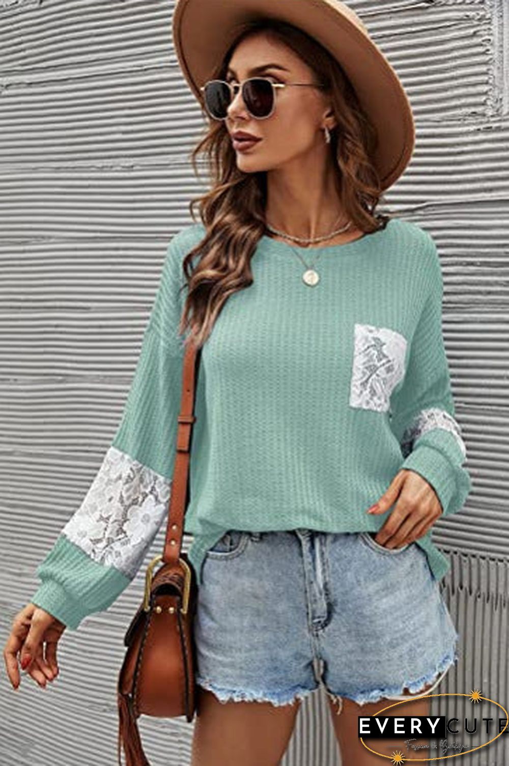 Casual Lace Pocket Round Neck Sweatshirt