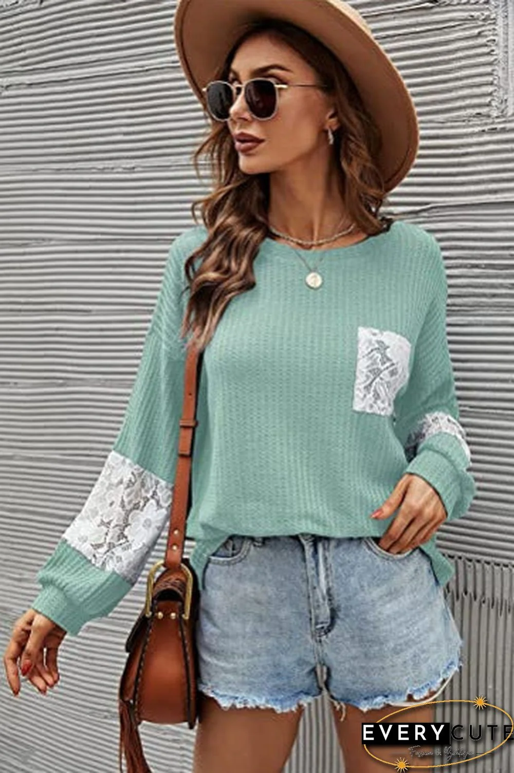 Casual Lace Pocket Round Neck Sweatshirt