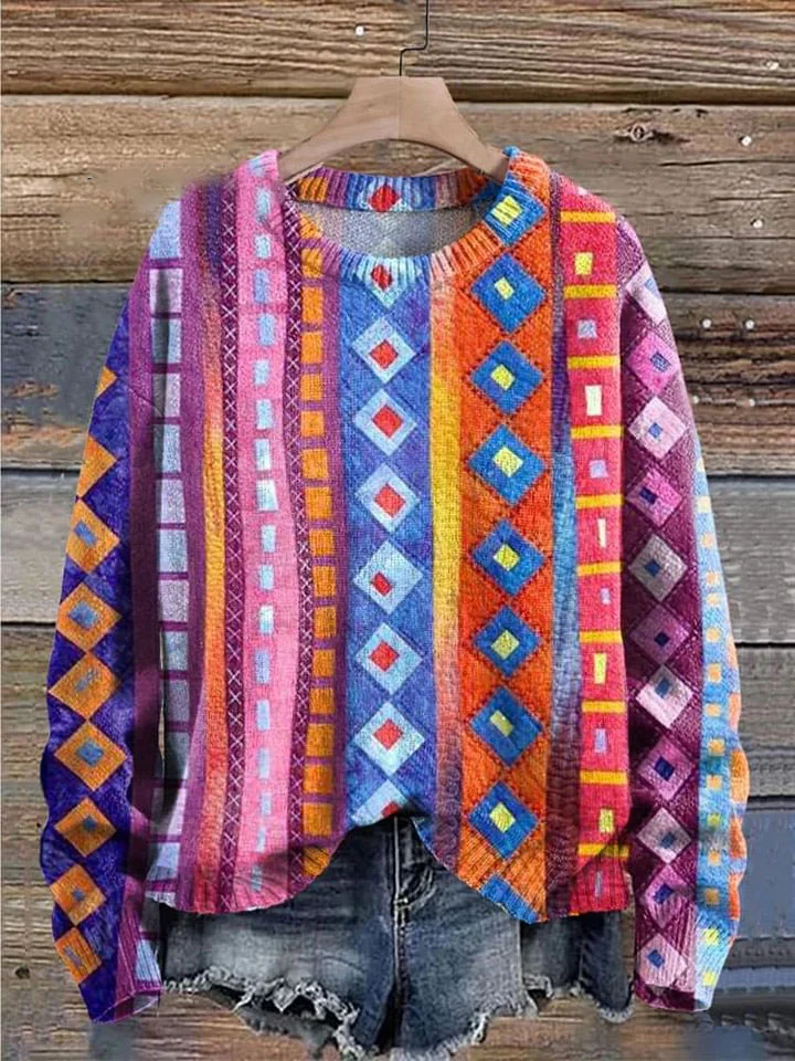 Colorful Checkered Stripes Print Knit Pullover Sweater