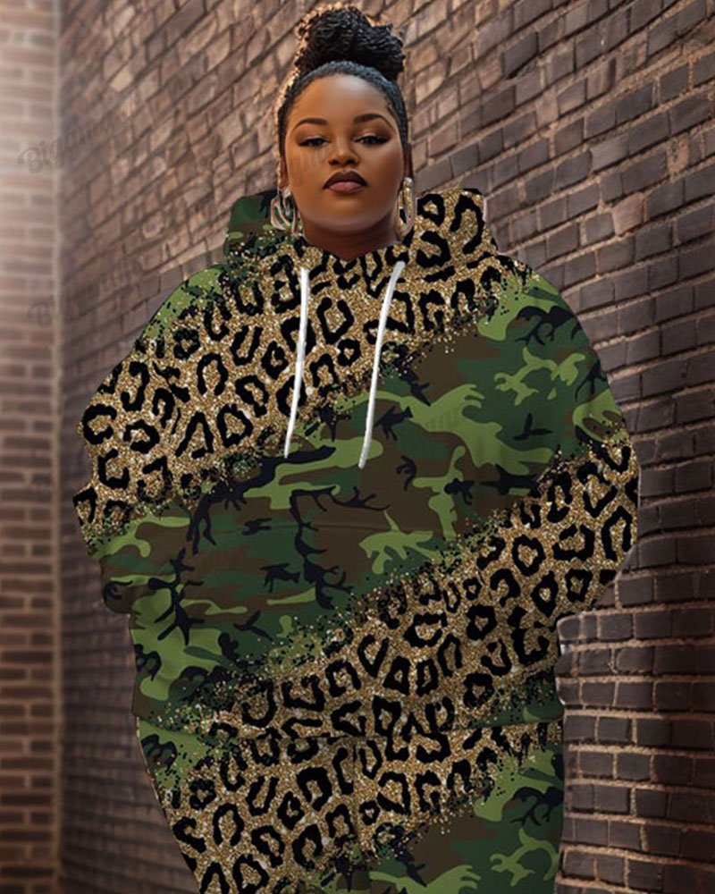 Women's Street Fashion Shiny Leopard Camouflage Print Big & Tall Hoodie Set