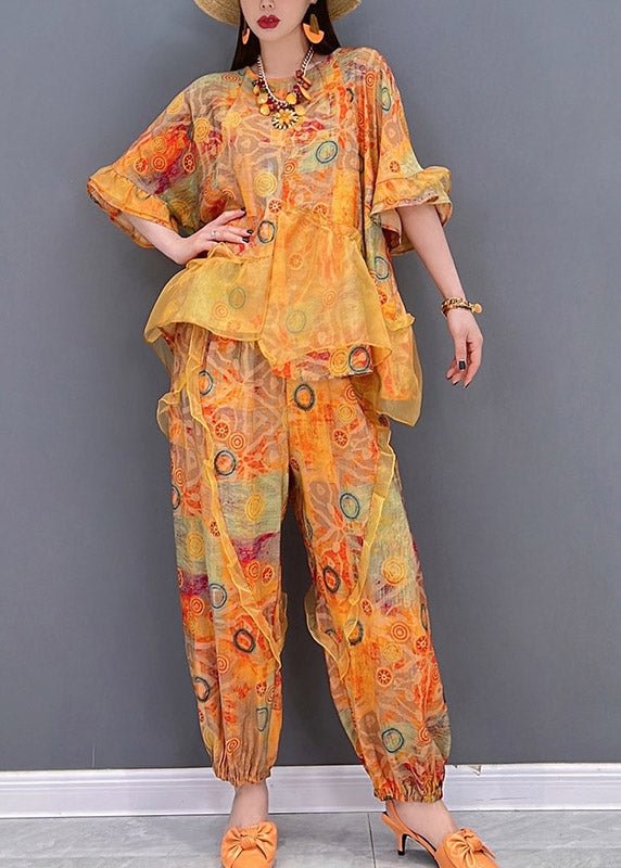 Boho Orange Ruffled asymmetrical design Patchwork Tulle tops and pants Two Pieces Set