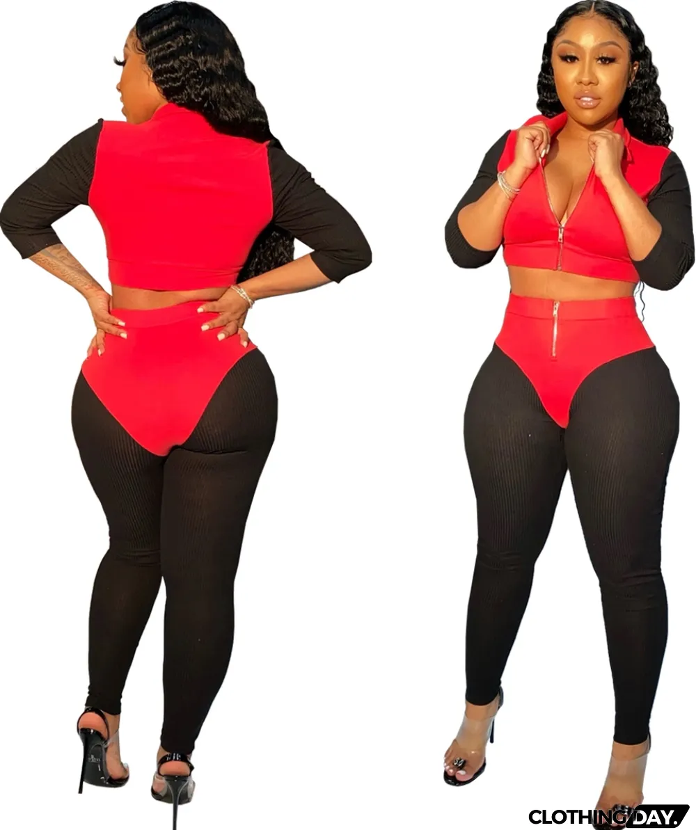 Autumn Matching 2pc Zipper Crop Top and High Waist Pants Set