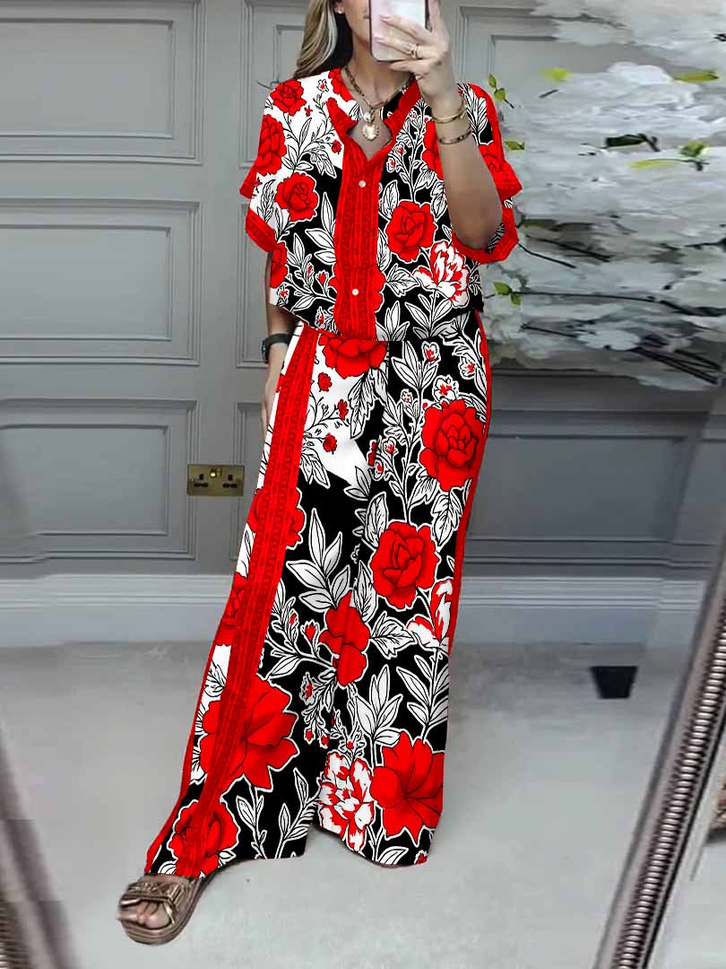 Women Floral,Red,Black DZDL1182 V-neck Short Sleeve Blouse and Pants Set