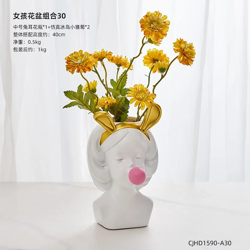 Nordic style girl flower pot plant resin flower pot rabbit ear/cat ear girl potted modern living room decoration decoration gift