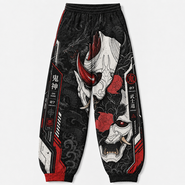 Red Oni Mask Techwear Jogger Pants