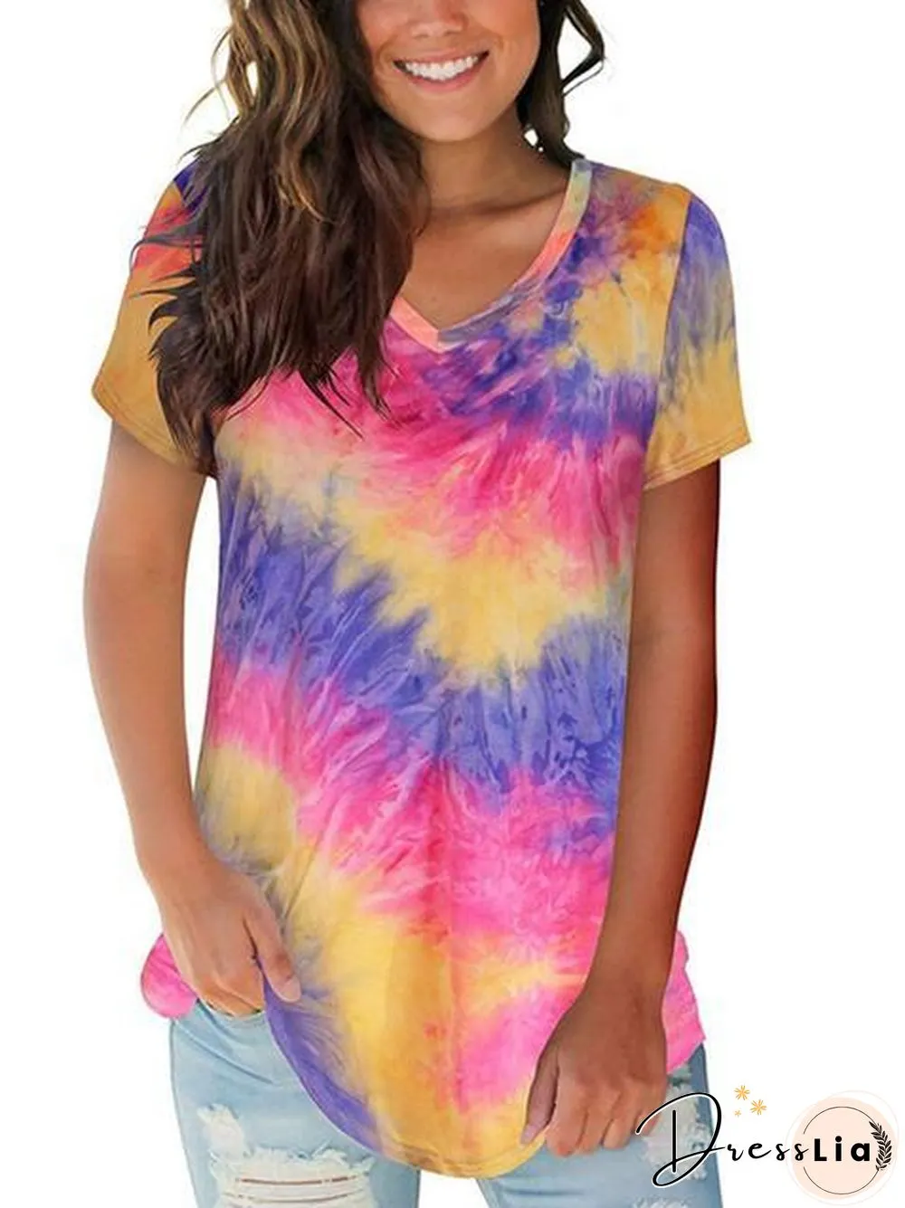 Tie-Dye Print V-Neck Loose T-Shirt