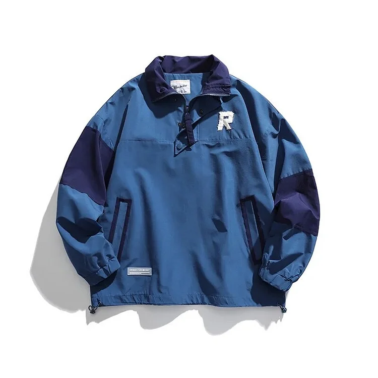 Wlkwo Wlkwo   Men Patch Design Bomber Jackets Fall Blue Color Matching Loose Casual Pullover Jacket Male Hip Hop Harajuku Retro Sport Outwear