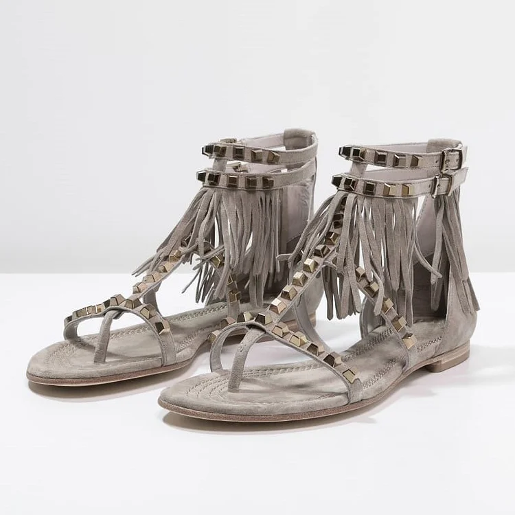 Grey T Strap Fringe Studded Sandals Open Toe Vegan Suede Flat Thong Sandals |FSJ Shoes