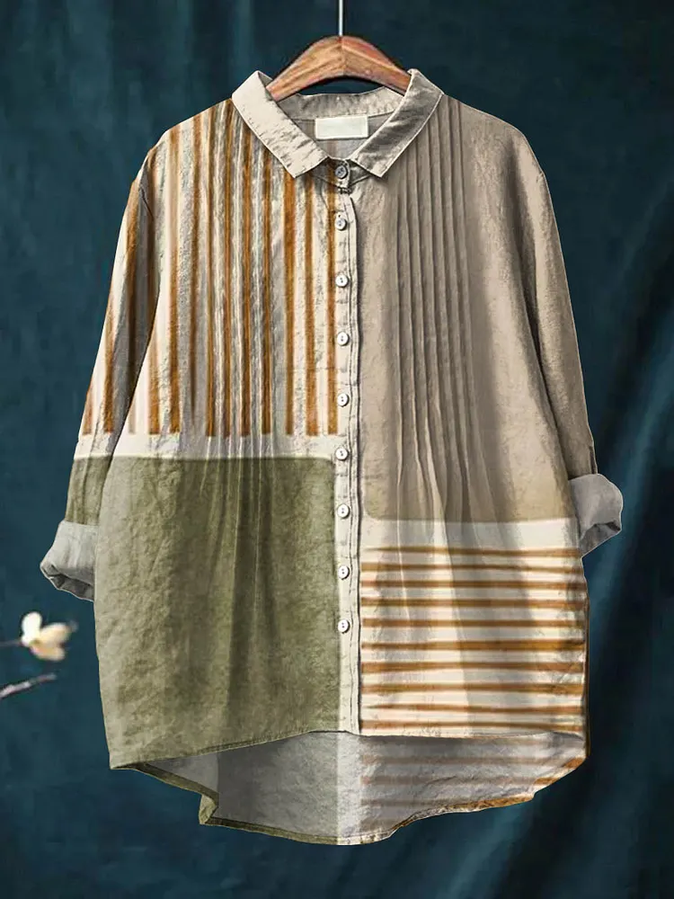 Women's Abstract Geometric Pattern Art Print Casual Cotton And Linen Ruffle Shirt