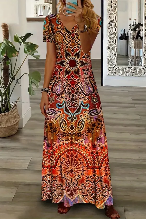 Ethnic Floral Print Dress, Boho V Neck Short Sleeve Maxi Dress