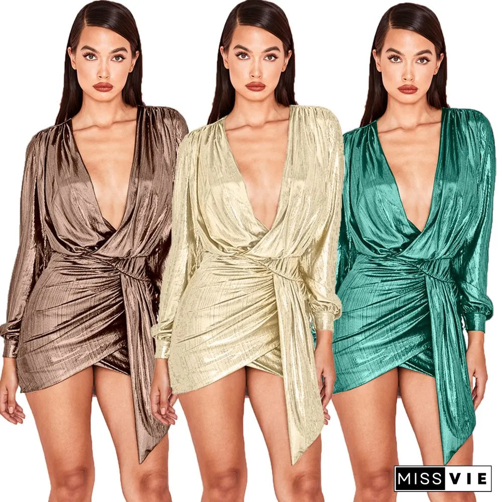 Gilding Deep V-neck Zipper Sexy Skirt Nightclub Dress