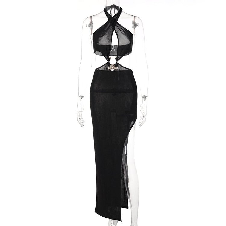 Hugcitar Solid Halter Sleeveless Backless Hollow Out Slit Maxi Dress 2022 Evening Party Sexy Slim Elegant Y2K Clothing