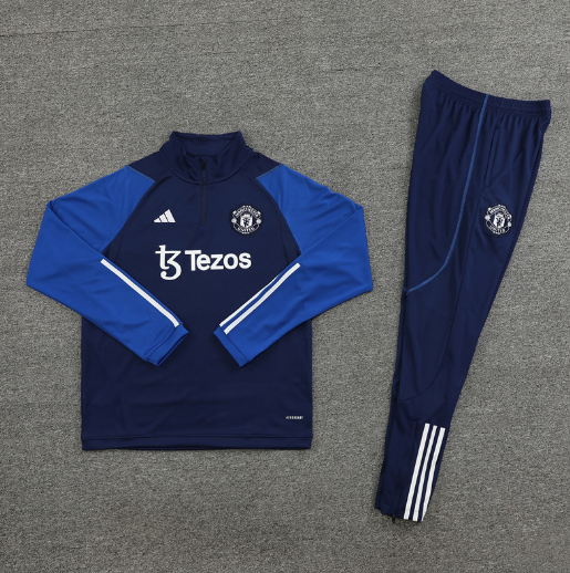 23/24 Manchester United Half-Pull Training Suit Blue Football Jersey Set