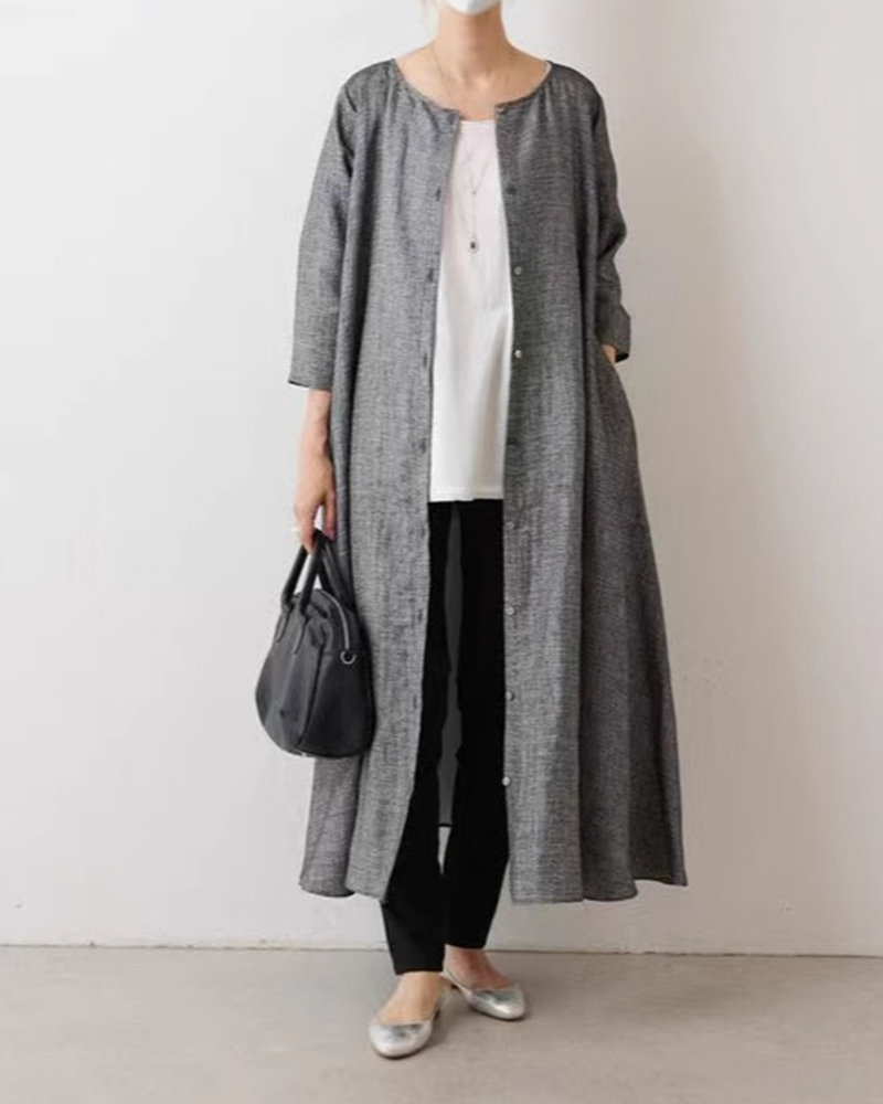 Back Single Breasted Three Quarter Sleeve Round Neck Maxi Dress