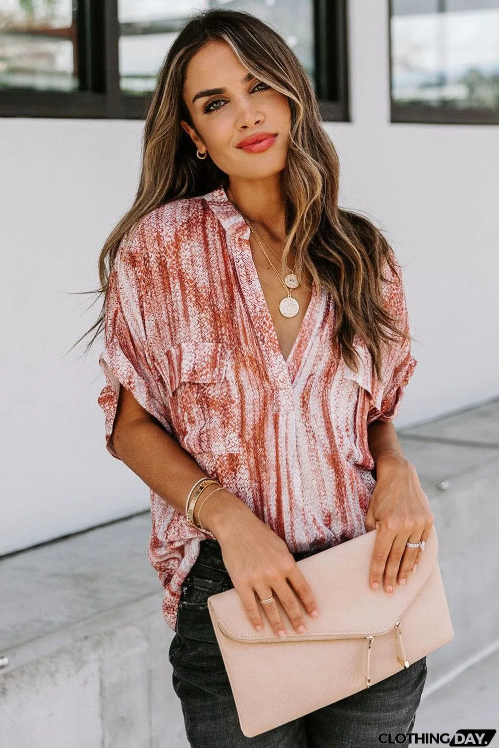 Printed Pocket Short Sleeve Blouse