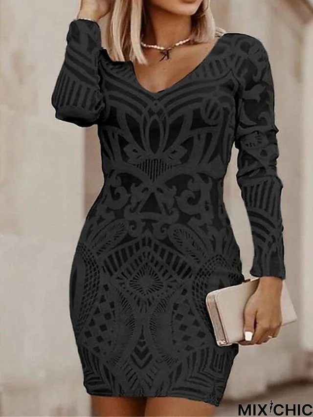 Women's Work Dress Sheath Dress Semi Formal Dress Fashion Mini Dress Print V Neck Long Sleeve Floral Geometric Regular Fit Black White Wine Fall Spring S M L XL XXL