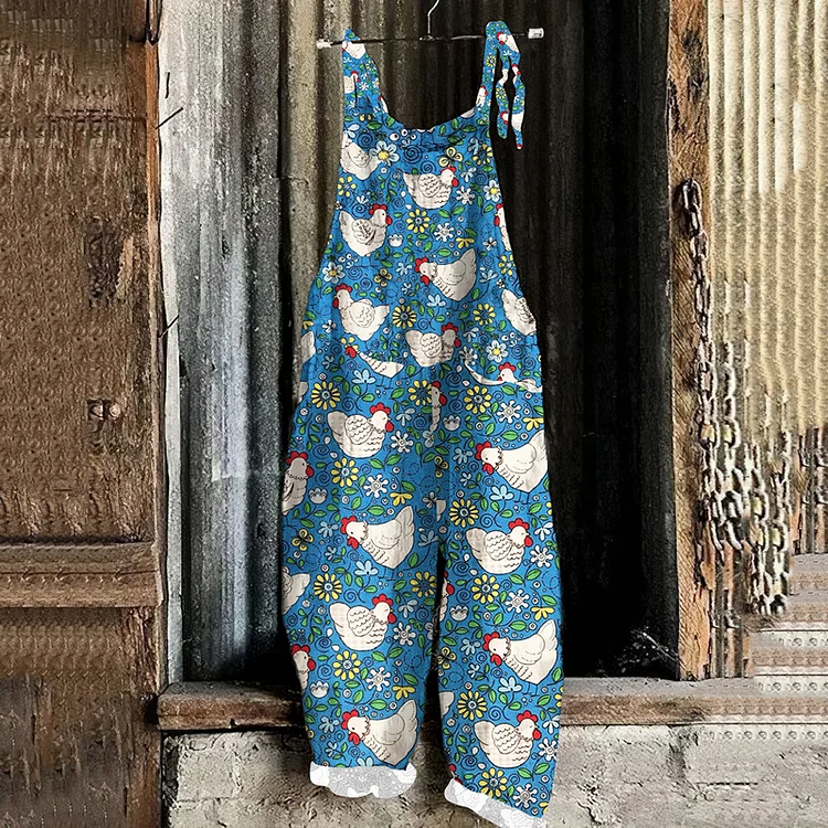 Hen & Blooming Flowers Blue Floral Print Loose Casual Jumpsuit-mysite