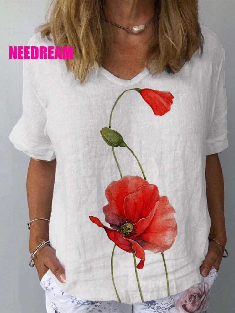 Womens  Poppy Floral Pattern Print Cotton And Linen Top