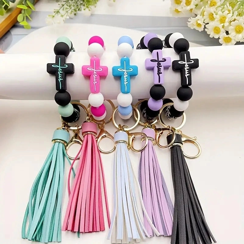 Casual Classic Style Cross Tassel Alloy Wooden Beads Silica Gel Beaded Keychain