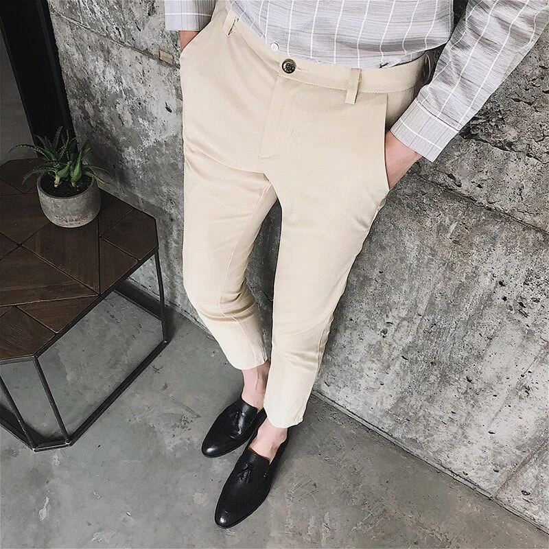 Woherb Solid Casual Pants Men Slim Fit Ankle-Length Trousers Male 2020 New Spring Summer White Khaki Black Stretch Fashion Suit Pants