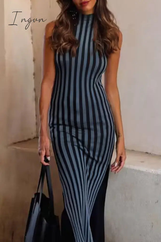 Ingvn - Casual Vacation Striped Contrast Weave Half A Turtleneck Sleeveless Dress Dresses Grey / S