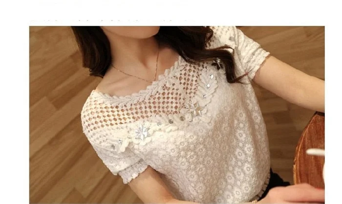 CUHAKCI Office Shirts White Chiffon Shirts Hollow out Elegant Ladies tops Blusas Women's Clothing Lace Tops Casual Blouses