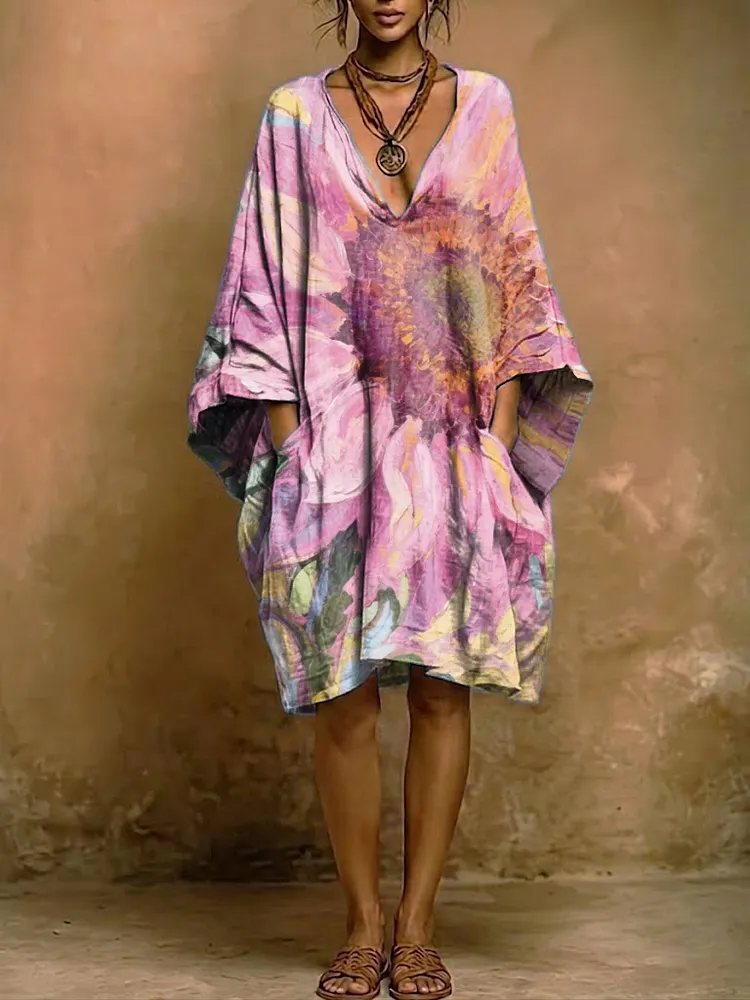 Bohemian Resort-style Floral Print V-neck Loose-fit Cotton-linen Dress
