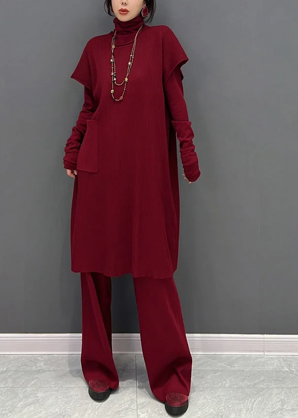 Elegant Red Turtleneck Knit Waistcoat And Pants Two Piece Set Winter