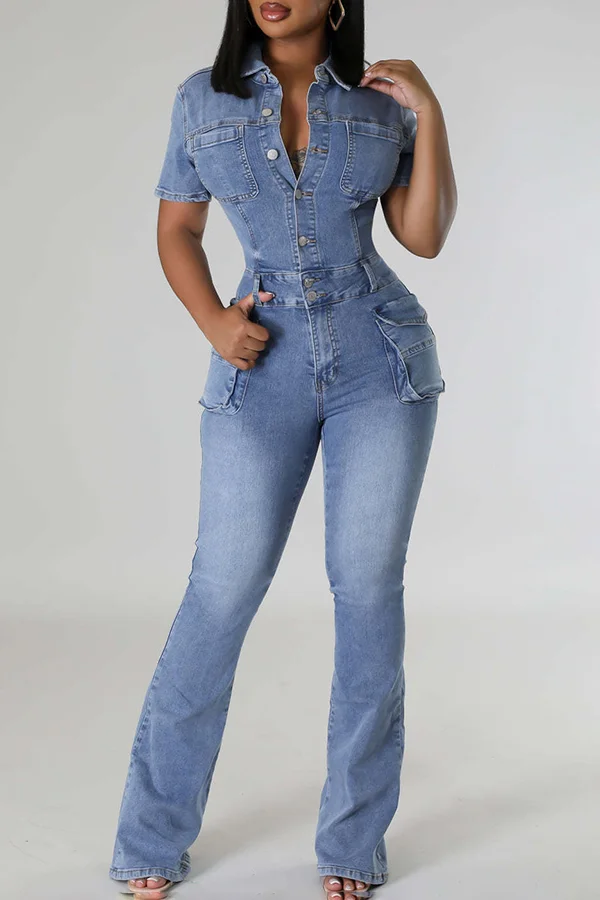 Casual Stretch Washed Denim Jumpsuit