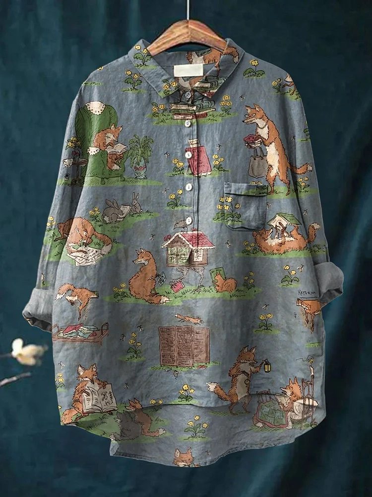 Women's Library Foxes Print Casual Cotton And Linen Shirt
