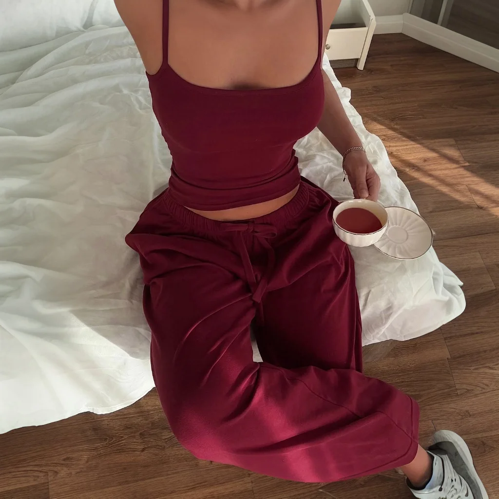 Brownm Brownm Women's Spring And Summer Slings With Slings With High Backs Tight Ropes Wide Legs Loose Set