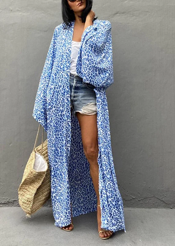 Loose Baby Blue V Neck Print Tie Wais Cotton Holiday Long Cardigans Summer