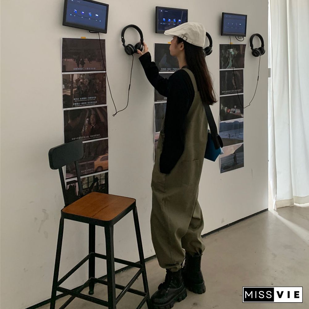 Cool Loose Pure Color Shirt Overalls Set