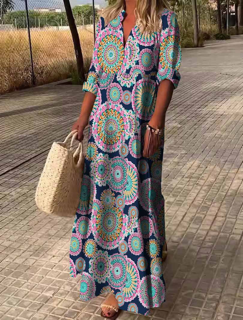 Women Pink, Floral, Retro DZDN0865 SPU Printed Long Sleeve V-neck Maxi Dress