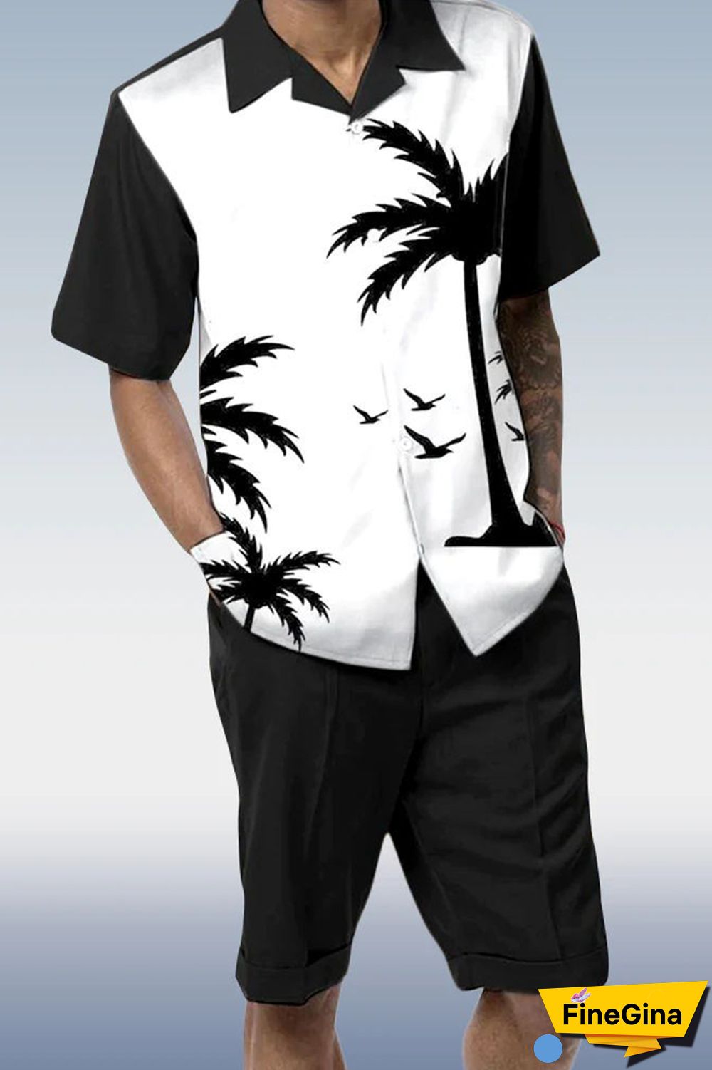 Black White Two Piece Short Sleeve Print Walking Suit Set With Shorts