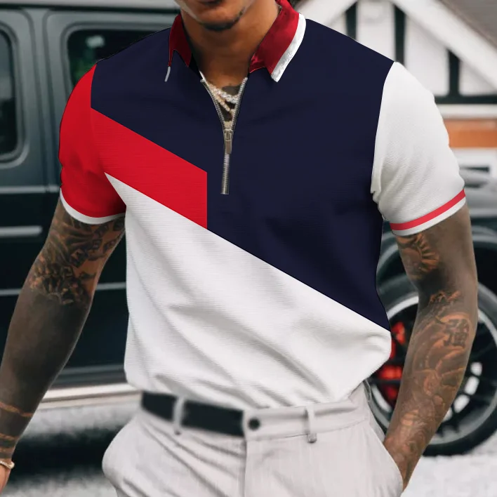 BrosWear Color Contrast Red Blue Polo Short Sleeve Outdoor Shirt & Top