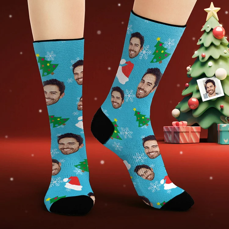 Custom Face Socks Personalized Photo Socks Christmas Trees and Santa Hats Christmas Gifts