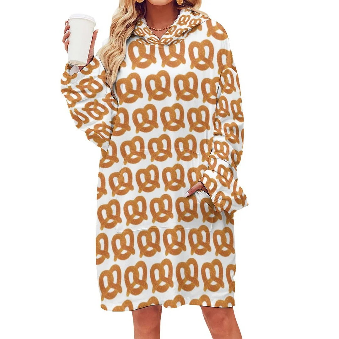 Salty Soft Pretzel Cute Oversized Sherpa Fleece Sweatshirt Blanket Hoodie Warm Cozy Wearable Tops with Pocket