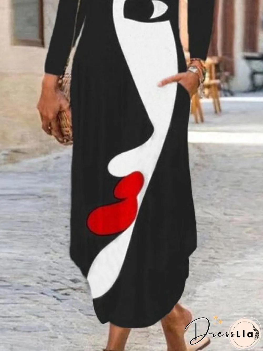 Casual Long Sleeve V Neck Printed Dresses Black Dresses