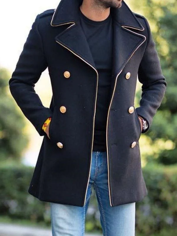 Button Color Block Mid-Length Casual Men's Coat