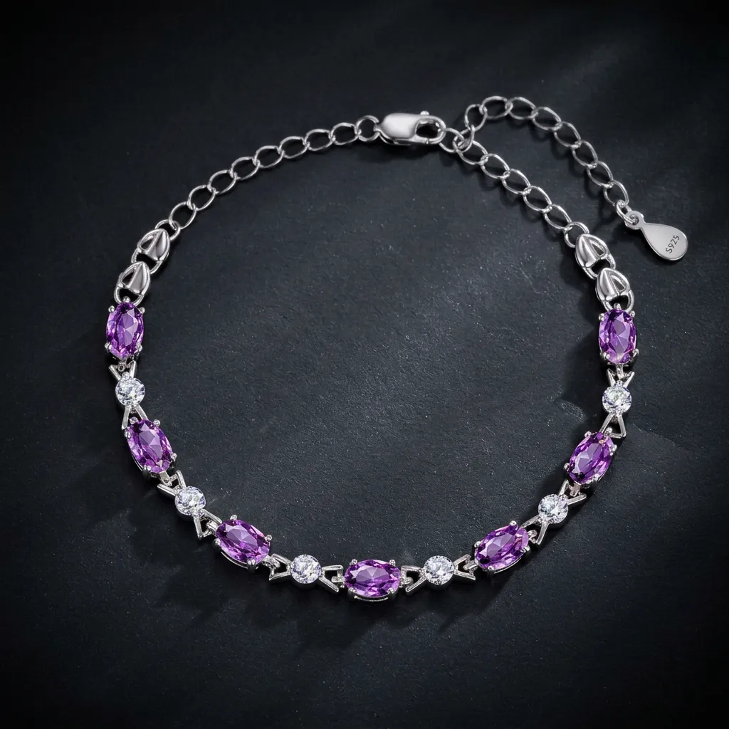 JiStones Eternal Violet Amethyst & Crystal Tennis Bracelet Violet Amethyst & Polished Silver